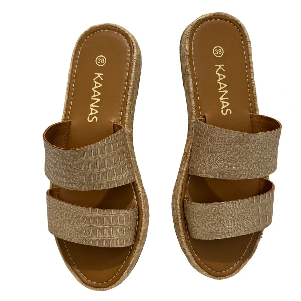 Kaanas Gold Croc Embossed Espadrille Slides Womens 38 Platform‎ Sandals